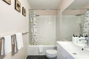 Combined shower/bathtub, hair dryer, towels