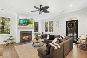 智能電視、壁爐、書籍