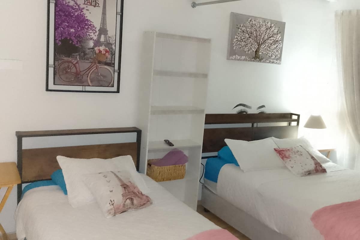A bedroom with two beds, a wardrobe, a shelf with a basket, a painting of the Eiffel Tower, and a lamp.