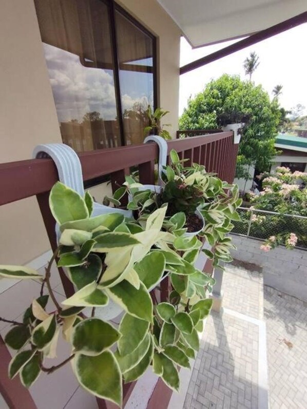 Een balkon met bloempotten en uitzicht op een gebouw met een groot raam.