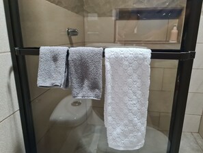 Een douchecabine met glazen wanden, een toilet en een handdoekrek met drie handdoeken.