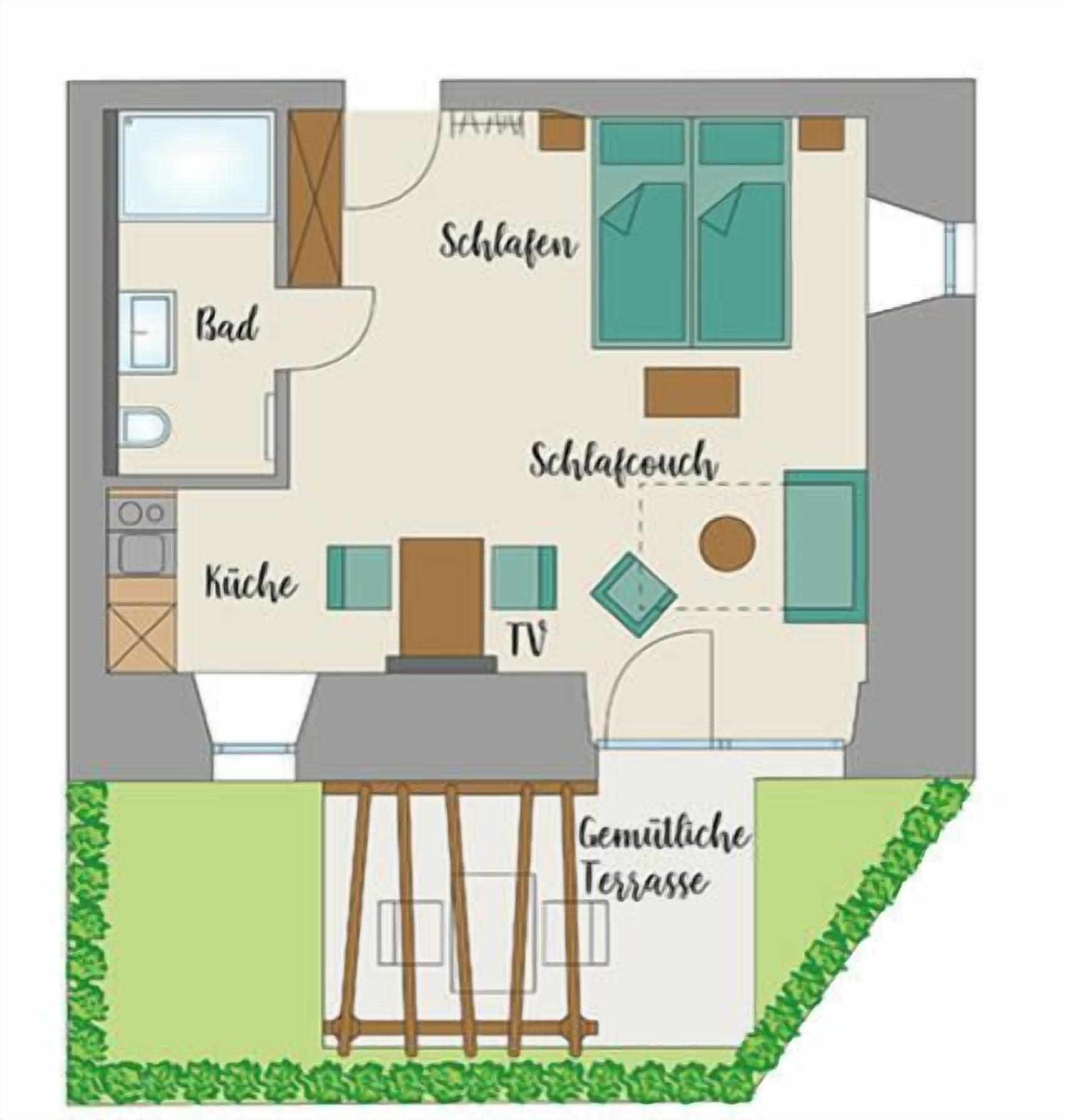 Ein Hotelzimmer mit Bad, Schlafbereich, Wohnbereich, Fernseher und einer Terrasse.
