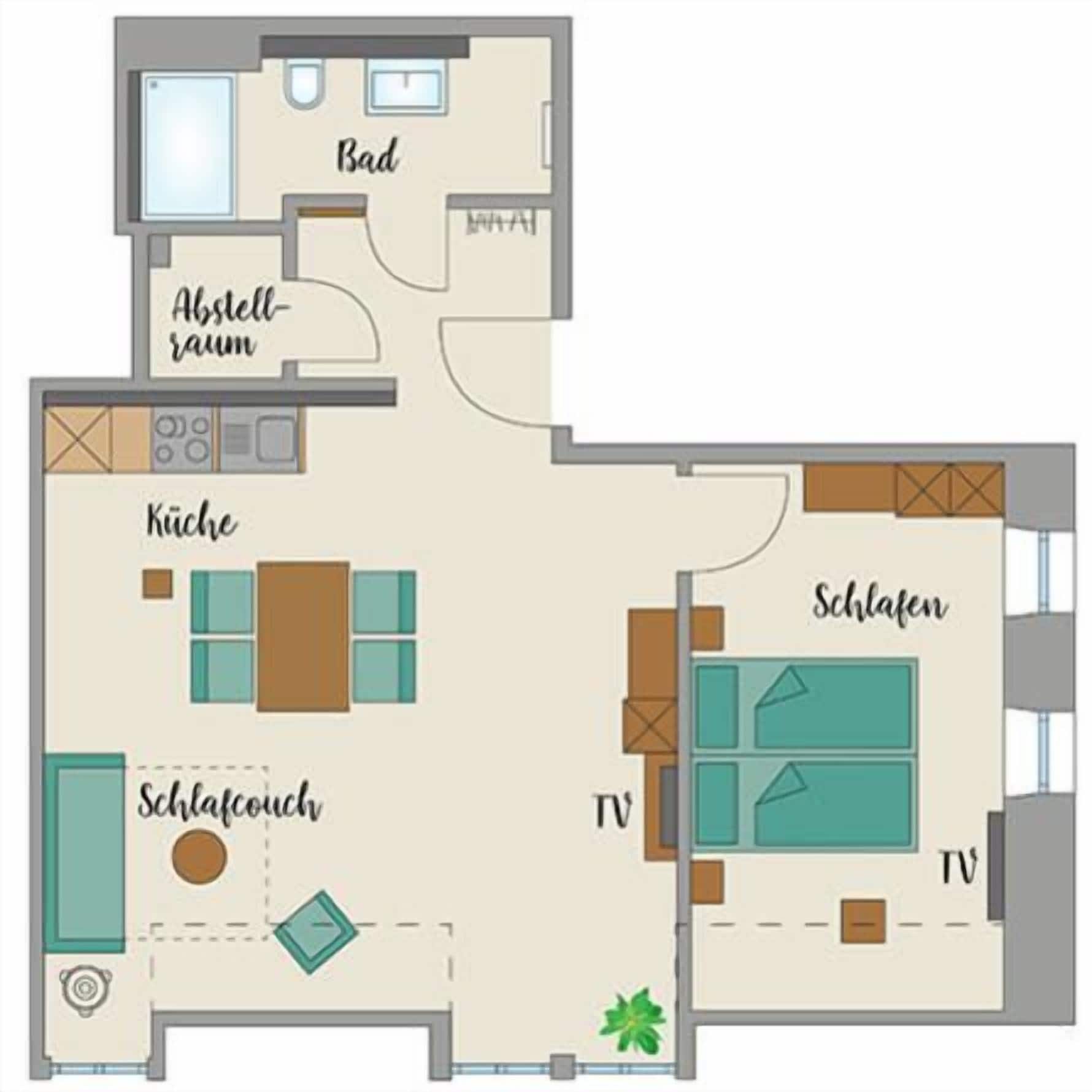 Hotellihuone, jossa on kylpyhuone, pieni keittiö, oleskelutila ja televisio.