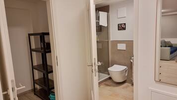 A bathroom with a toilet, shower, and a glass-enclosed walk-in closet with shelves.