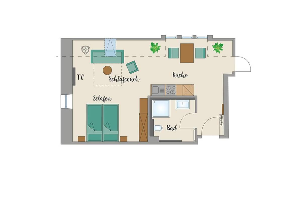 A floor plan of a hotel room with a TV, sofa, bathroom, kitchen, and a small balcony.