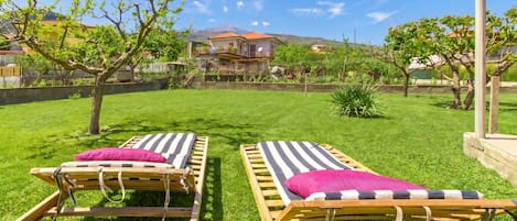 Quintal com duas poltronas de madeira, uma árvore pequena e uma casa ao fundo.