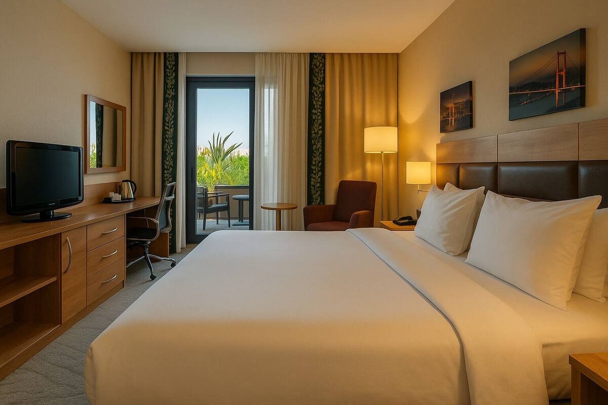 Une chambre d’hôtel avec un grand lit, un bureau avec une télévision, une chaise et une petite table. Il y a une fenêtre avec des rideaux, une lampe et un tableau au mur.
