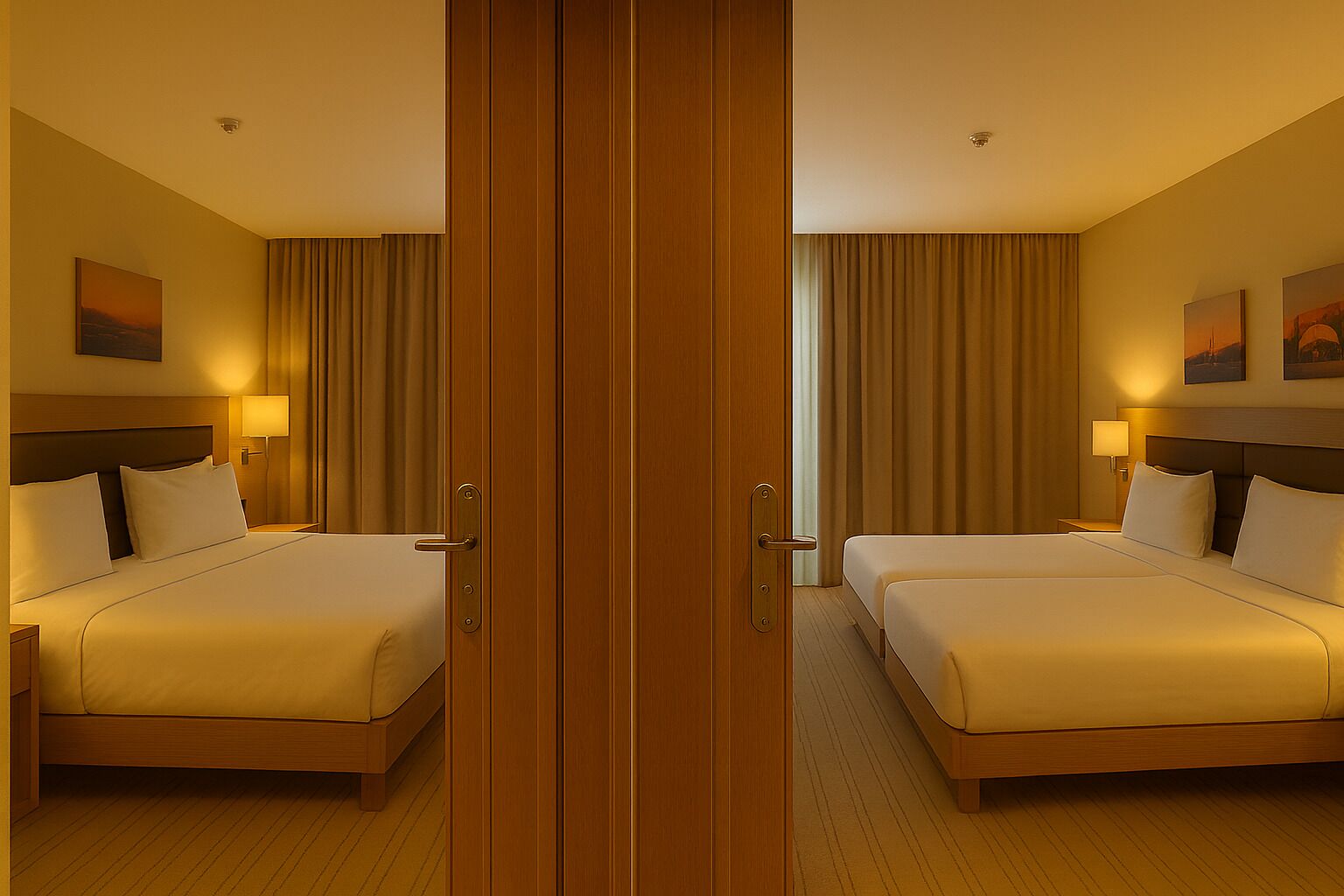 A hotel room with two beds, wooden headboards, and a large mirror.