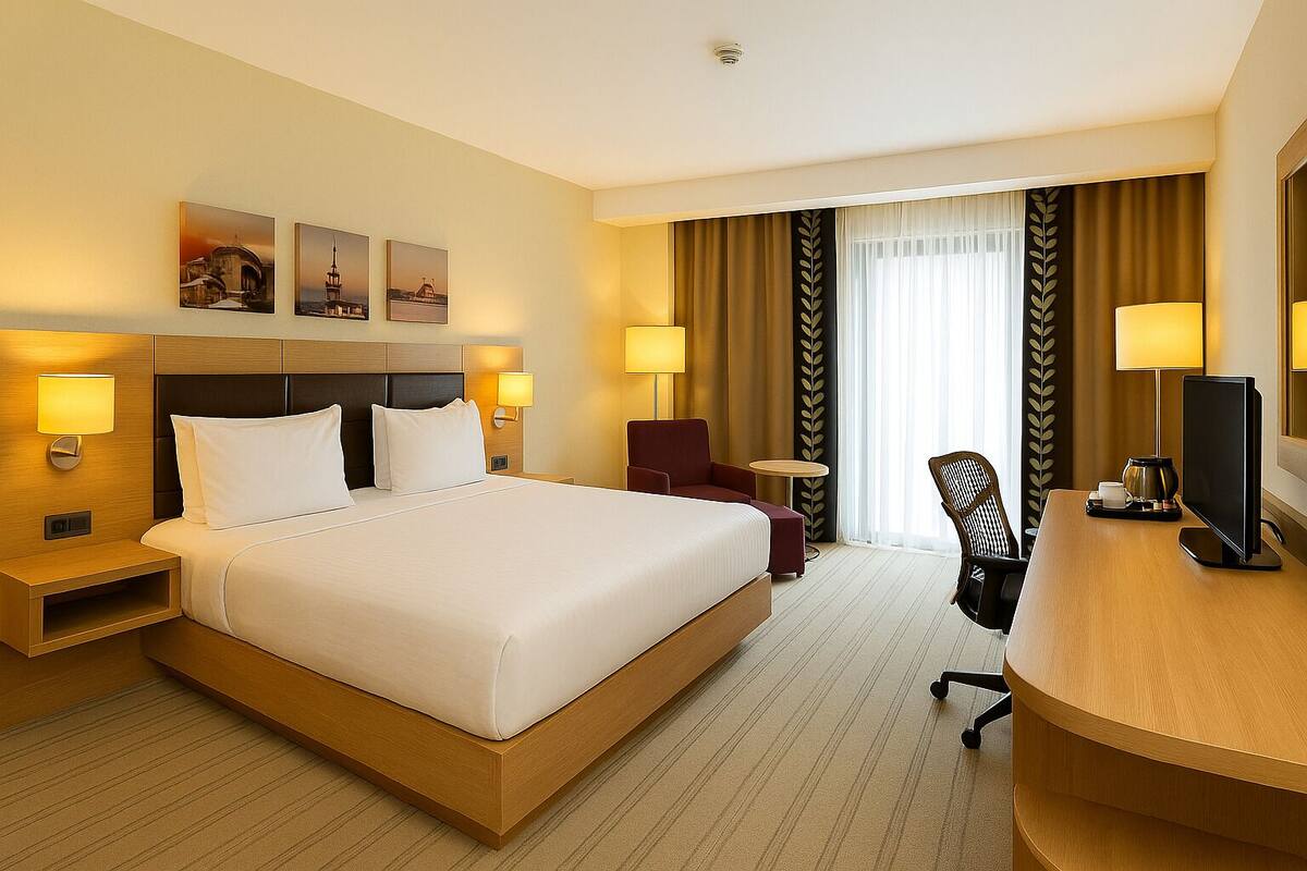 Une chambre d’hôtel avec un grand lit, deux tables de chevet avec des lampes, un bureau avec une chaise, une télévision et une fenêtre avec des rideaux.