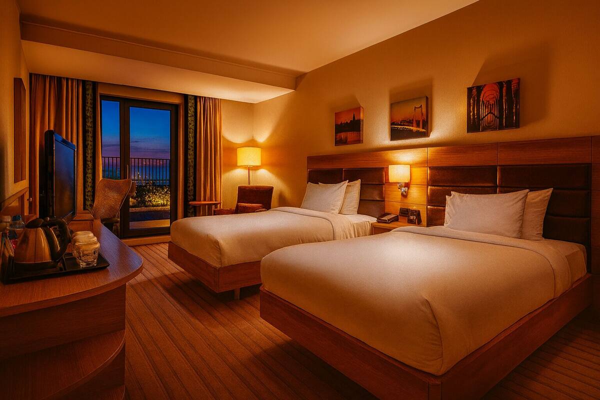 Une chambre d’hôtel avec deux lits, un bureau avec une bouilloire, une lampe et des œuvres d’art accrochées aux murs.
