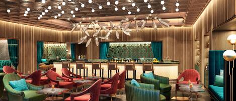 A bar area with a counter, seating, and a decorative ceiling.
