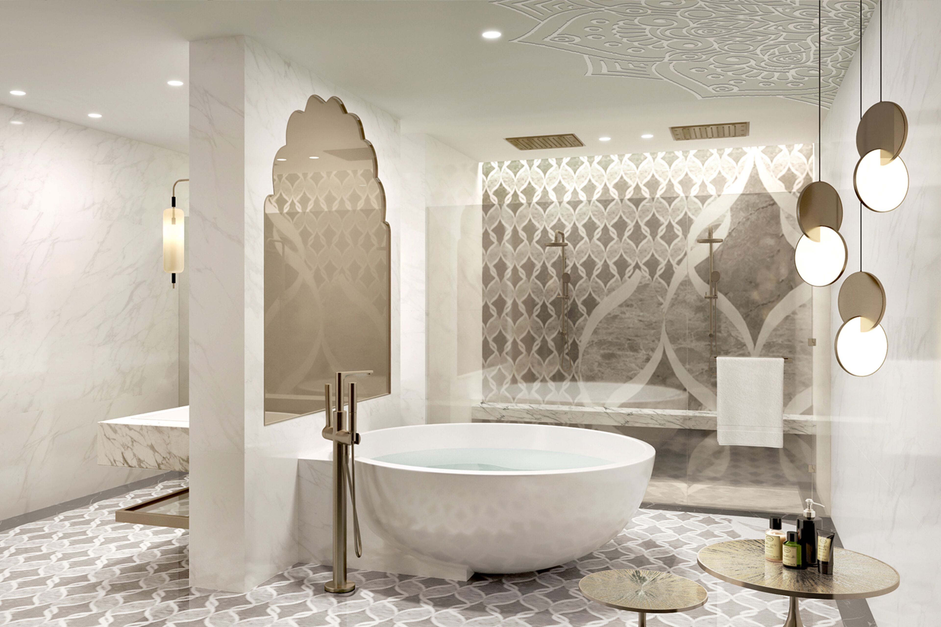 Une salle de bain moderne avec une baignoire sur pieds, un meuble-lavabo et un grand miroir rond doté de lumières.