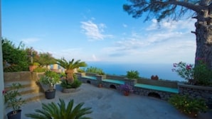 Una terraza en la azotea con vista al mar, escalones de piedra y plantas en macetas.