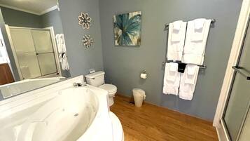 Combined shower/bathtub, jetted bath, hair dryer, towels