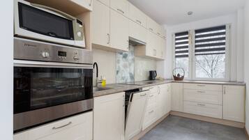 Apartment, 2 Bedrooms, Balcony | Private kitchen | Microwave, dishwasher, cookware/dishes/utensils