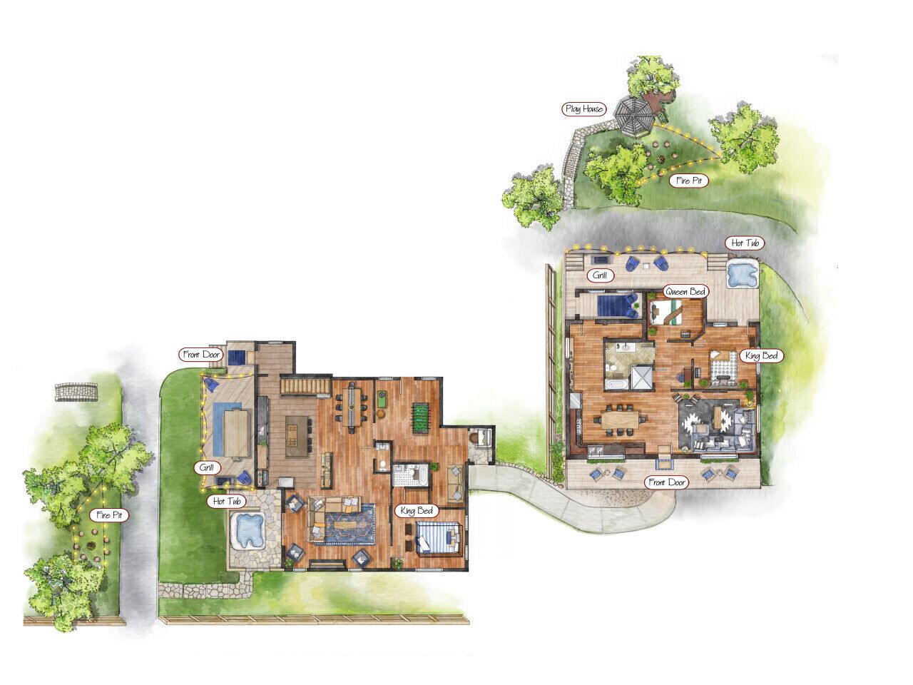 A two-story house with a front door, a grill, a hot tub, a playhouse, a fire pit, a king bed, a queen bed, and a king bed.