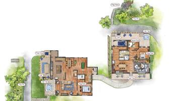 A two-story house with a front door, a grill, a hot tub, a playhouse, a fire pit, a king bed, a queen bed, and a king bed.