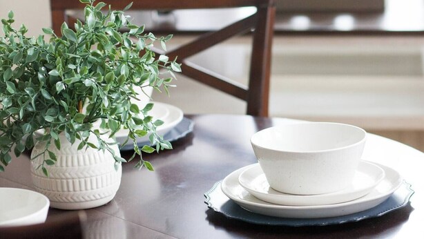 Una mesa de comedor de madera con un bol y un plato blanco, una planta en maceta y una silla.