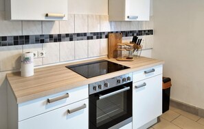 Fridge, stovetop, dishwasher, coffee/tea maker