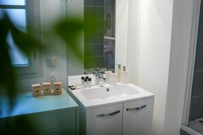 Hair dryer, soap, shampoo, toilet paper