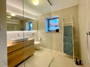 Shower, hair dryer, towels, soap