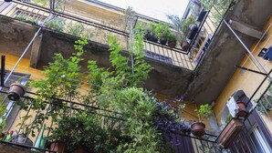 Un immeuble à plusieurs étages doté de balcons, de plantes en pot et d’une tuyauterie visible.