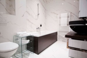 Hair dryer, towels, soap, shampoo