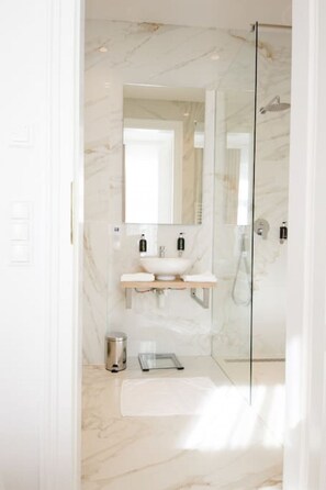 Hair dryer, towels, soap, shampoo