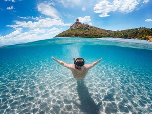 Guests can snorkel in the crystal-clear waters, offering a glimpse of the sandy bottom.