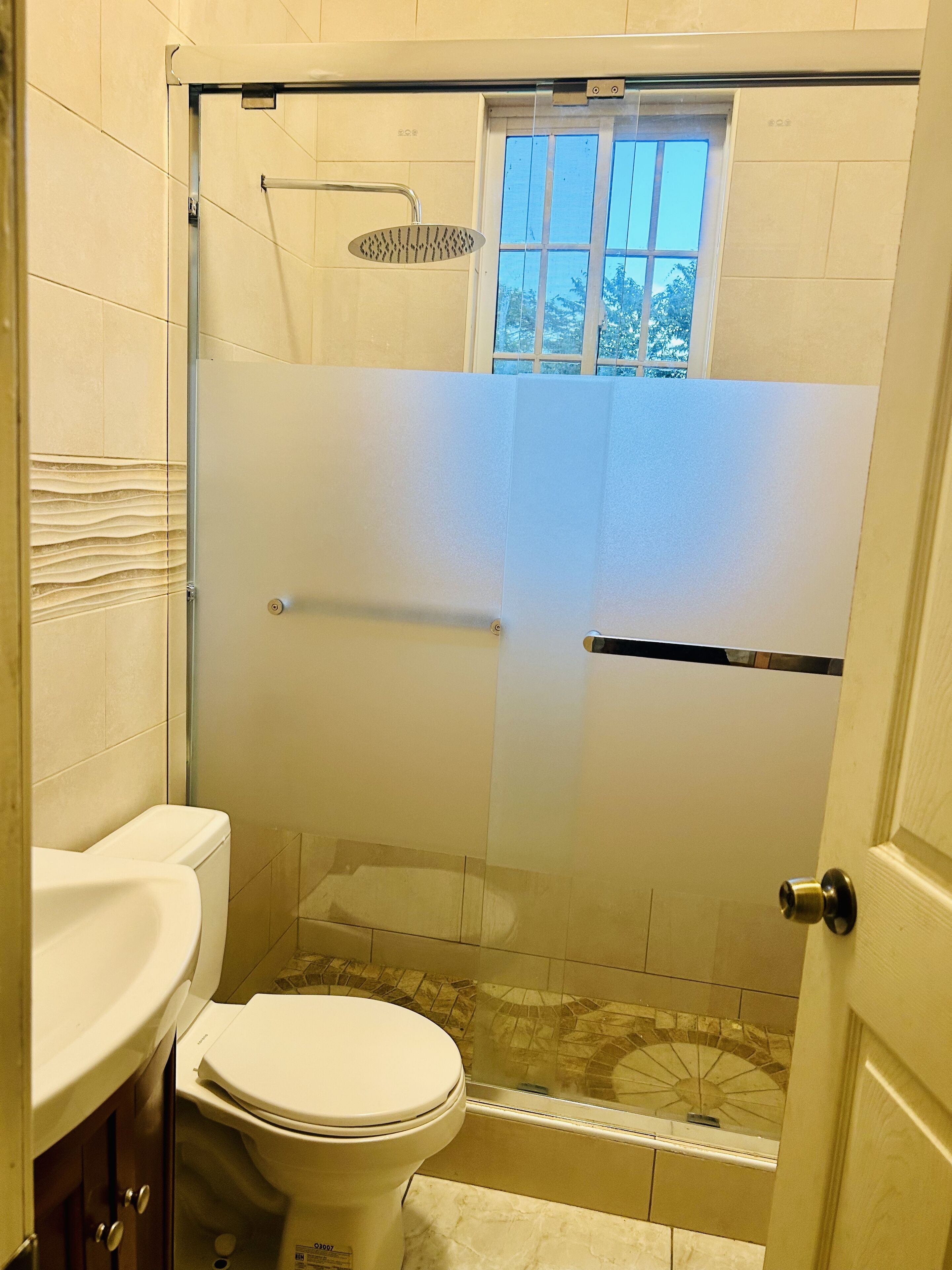 Shower, towels, toilet paper