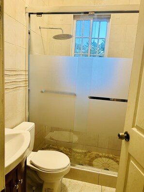 Regadera, toallas, papel de baño 