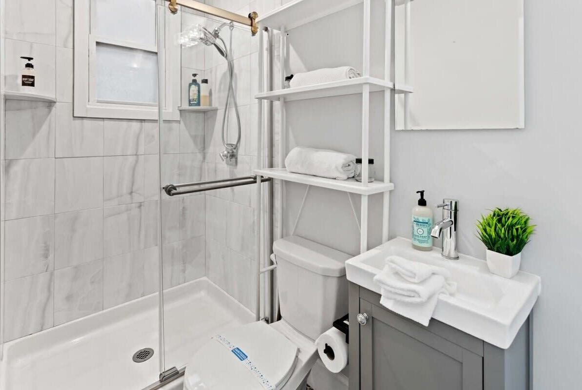A modern bathroom with a glass-enclosed shower, a toilet, a sink with a mirror, and a small potted plant.