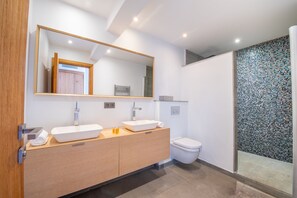 A modern bathroom with a large mirror, two sinks, a toilet, and a mosaic shower wall. - Beautiful villa, completely renovated (Gassin)
