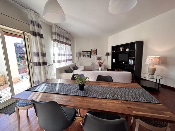 Flat-screen TV, books