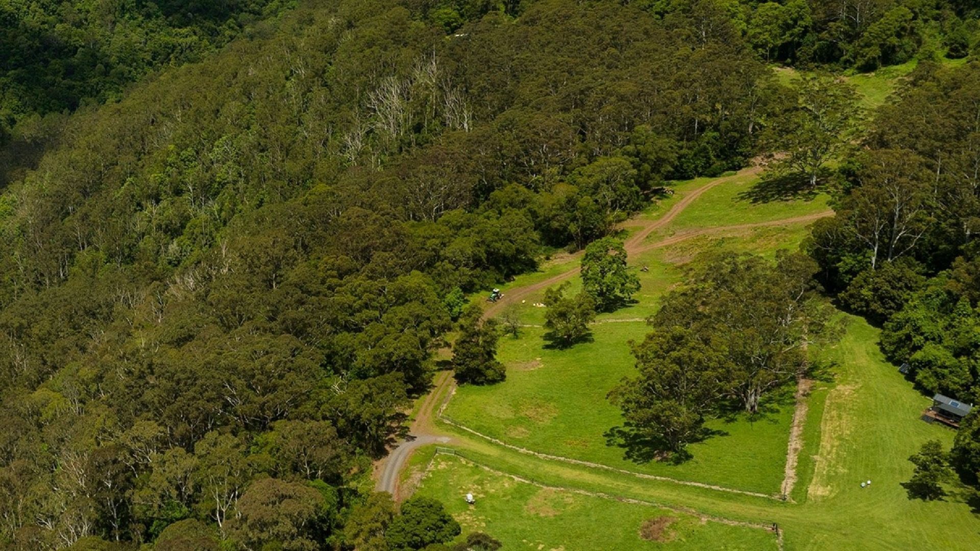 An aerial view of a rural landscape with a dirt road, green fields, and scattered trees.