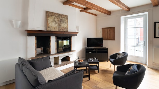 Una sala de estar con chimenea, televisión y muebles modernos.