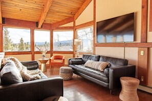 TV, fireplace, books, offices