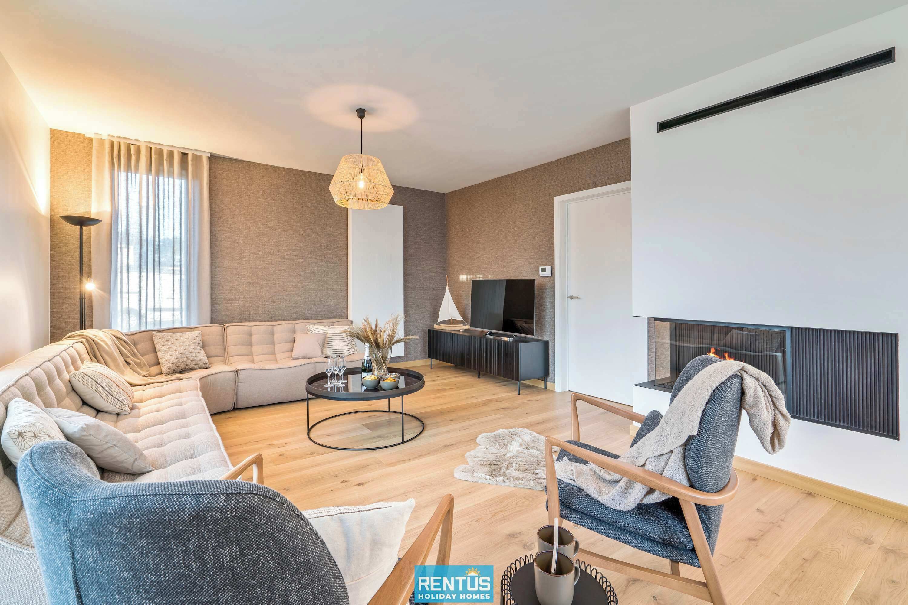 Fernseher, Kamin, Bücher, Arbeitsbereiche