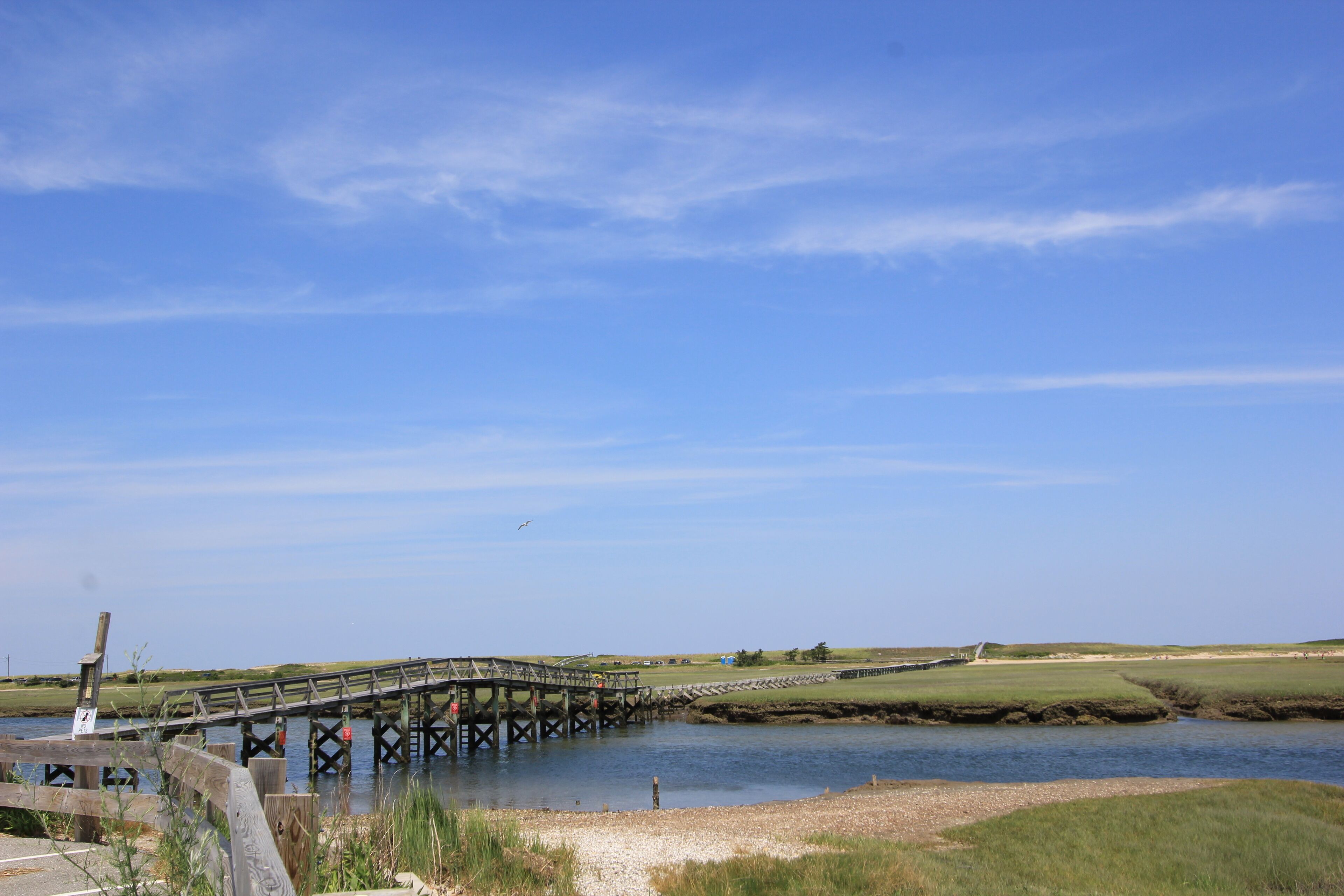 Eine Holzbrücke über einem ruhigen Fluss, umgeben von grünen Wiesen und blauem Himmel.