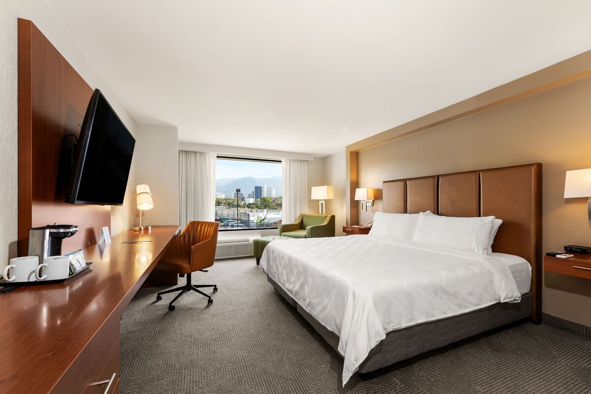 A hotel room with a large bed, a desk with a flat-screen TV, a chair, and a view of the cityscape.
