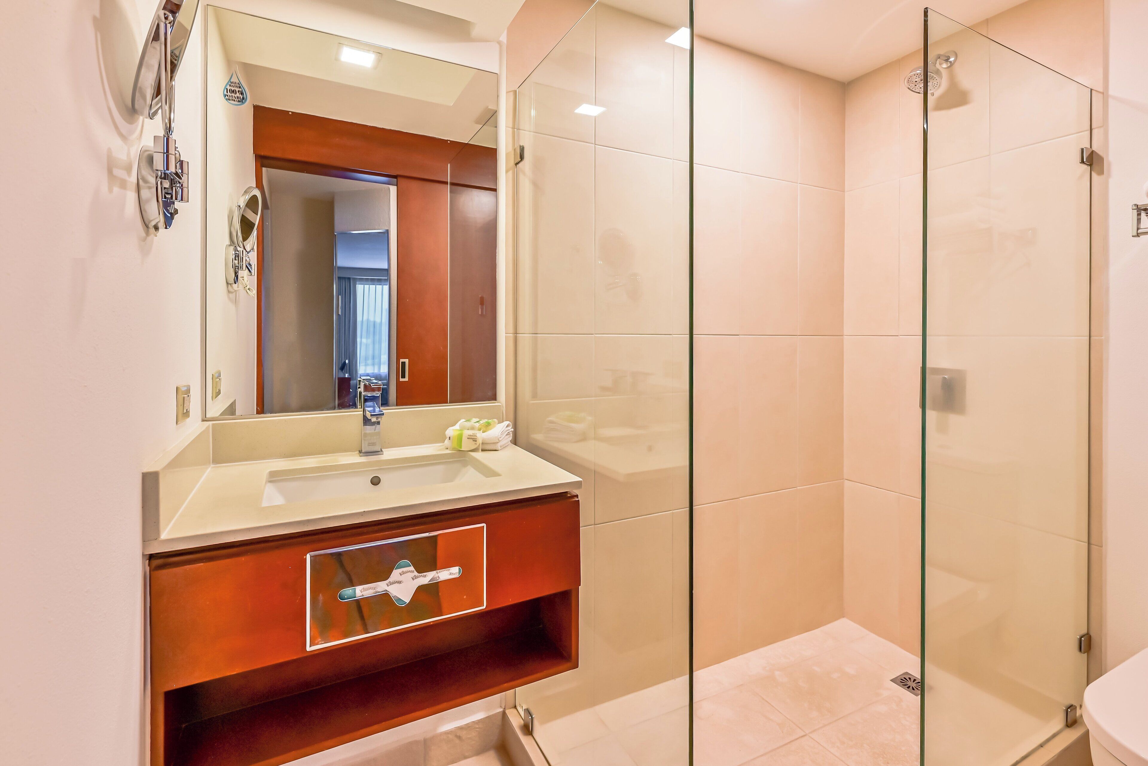 Shower, rainfall showerhead, eco-friendly toiletries, hair dryer
