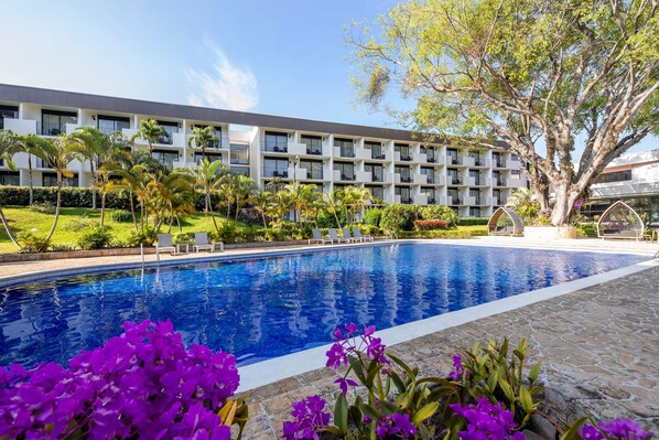 Indoor pool, outdoor pool, pool loungers