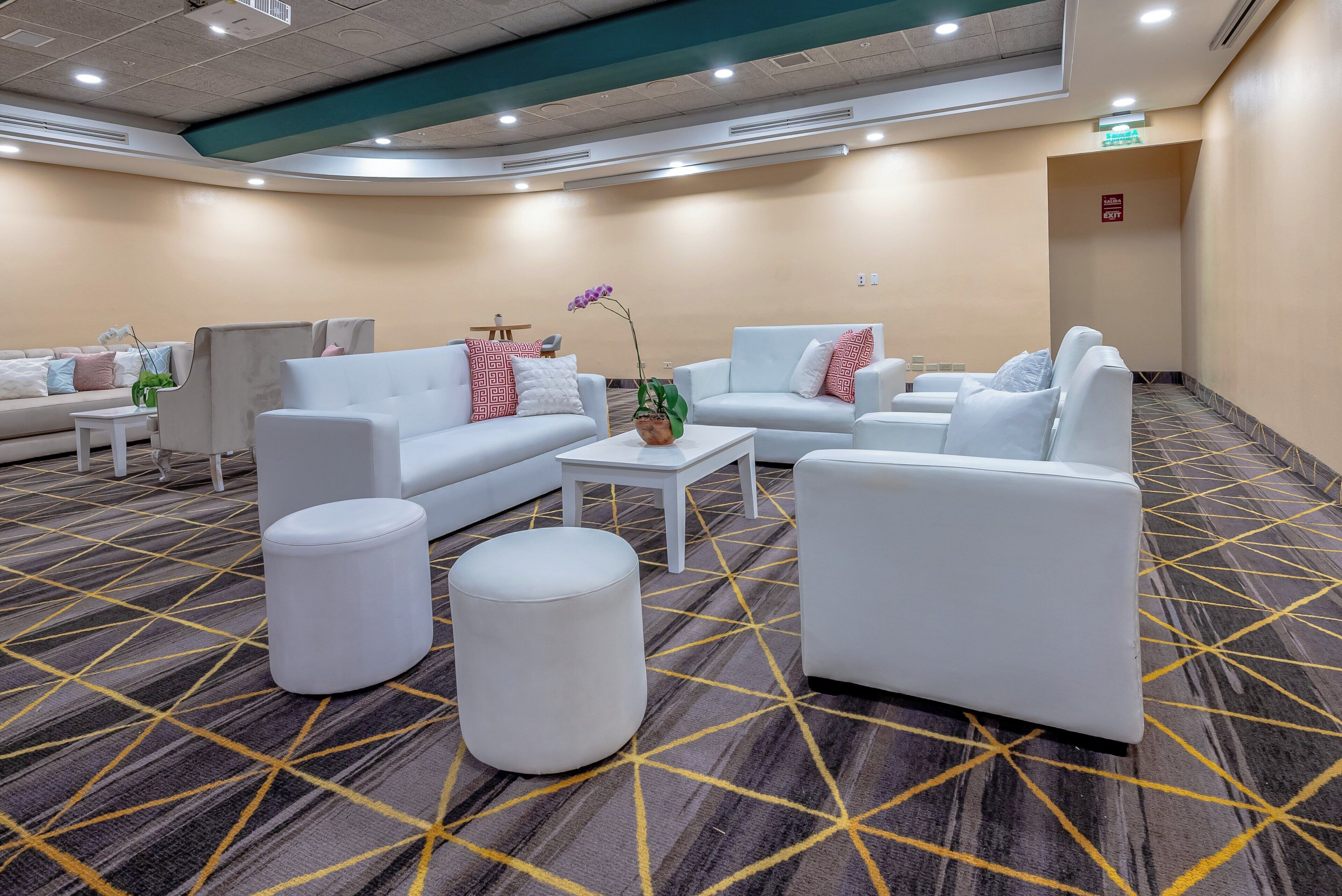 A hotel lobby with a carpeted floor, seating area with sofas and ottomans, a small table, and a potted plant.