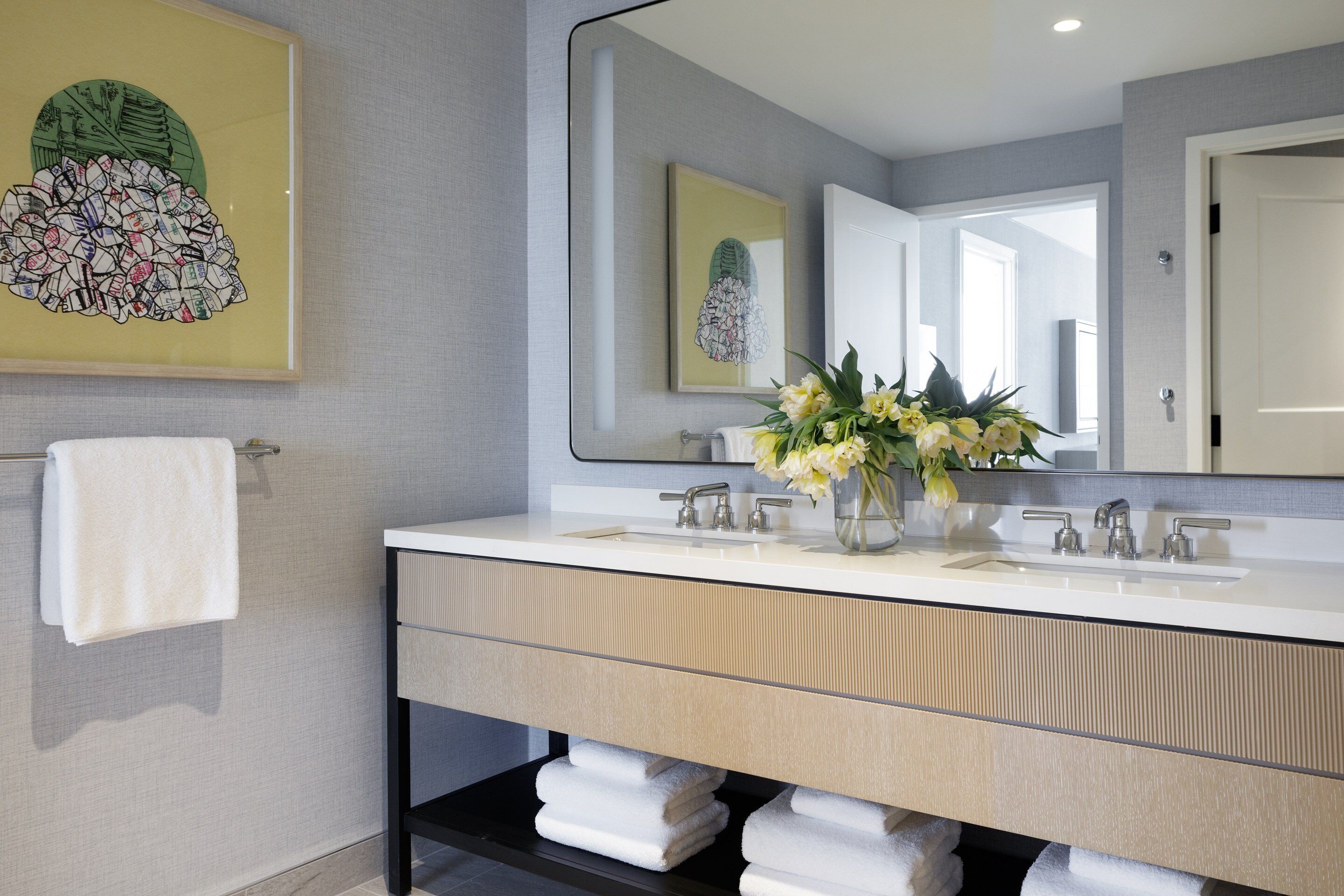 Designer toiletries, hair dryer, bathrobes, towels