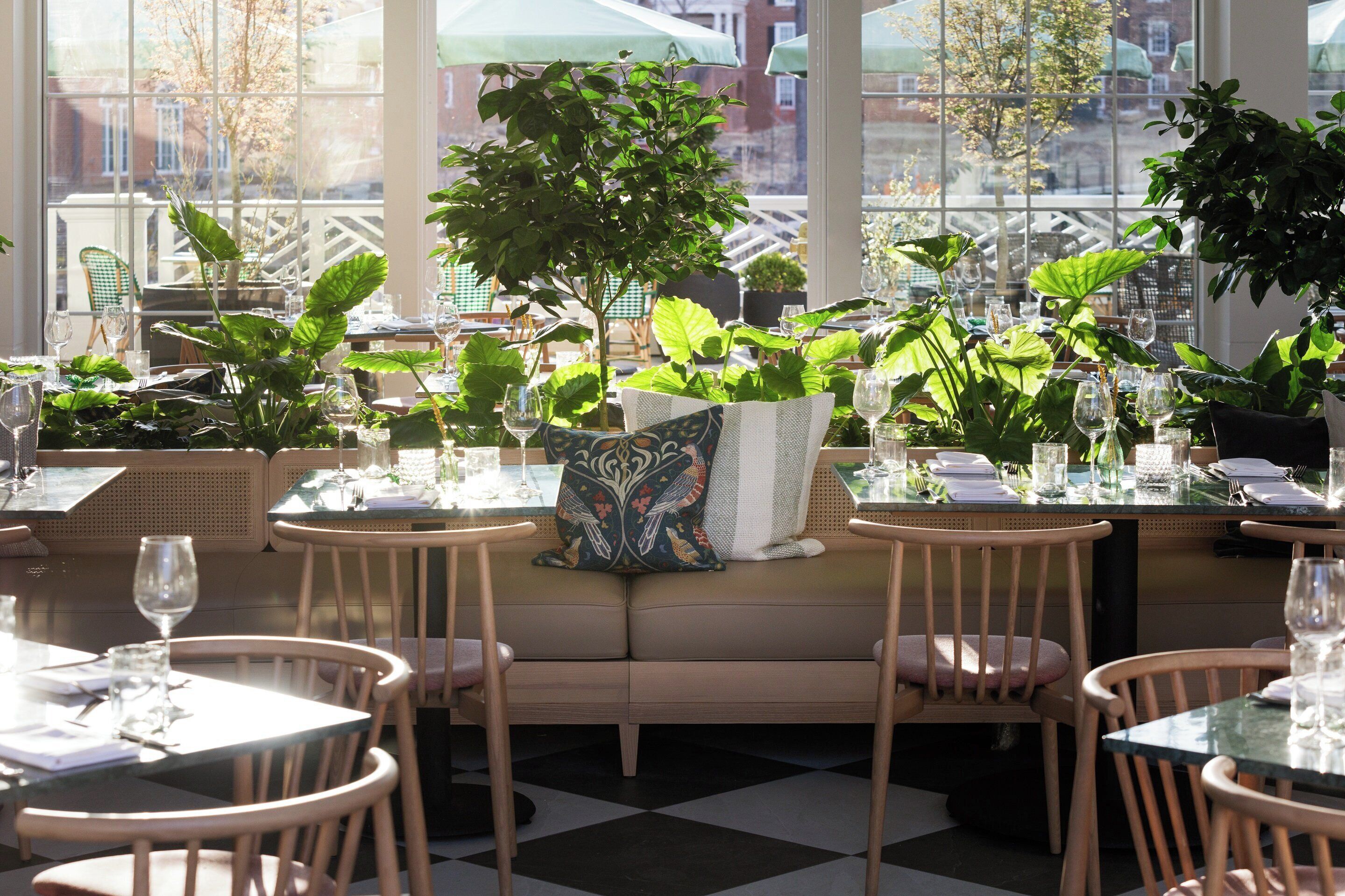 Un restaurante con terraza, mesas con sillas y plantas en macetas.