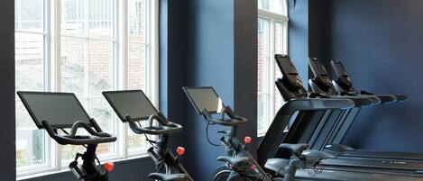 A gym with stationary bikes, treadmills, and large windows.