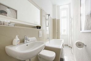 Shower, hair dryer, towels, toilet paper