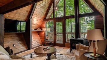 Una Smart TV, una chimenea, libros, una biblioteca de música