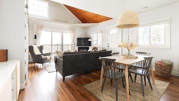 TV connectée, cheminée, livres, médiathÚque