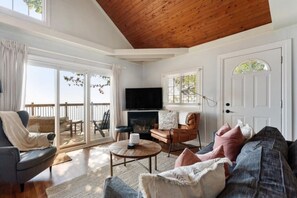 Smart TV, fireplace, books, music library